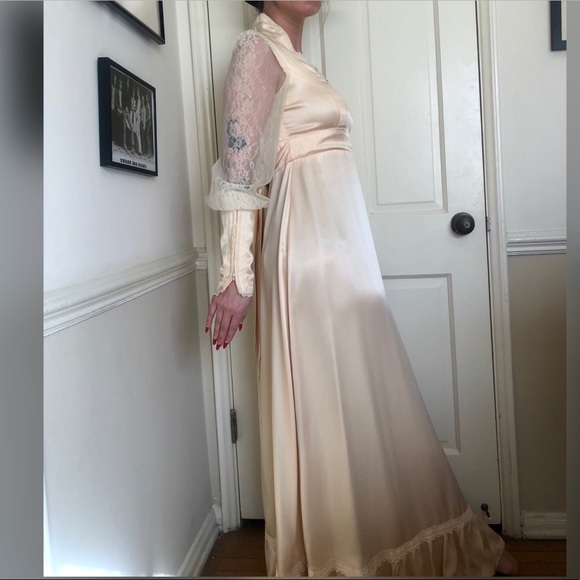 70s Vintage Peach Satin Gunne Wedding Dress - Picture 2 of 15